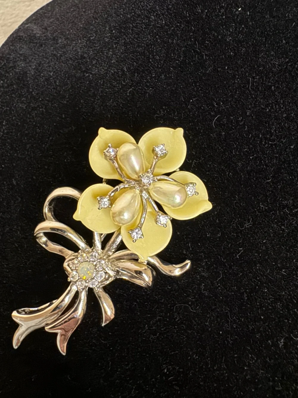 Vintage Yellow Floral Brooch with Faux Pearls